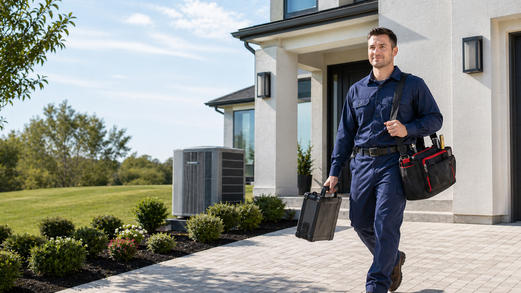 Professional HVAC technician arriving at a modern residential home