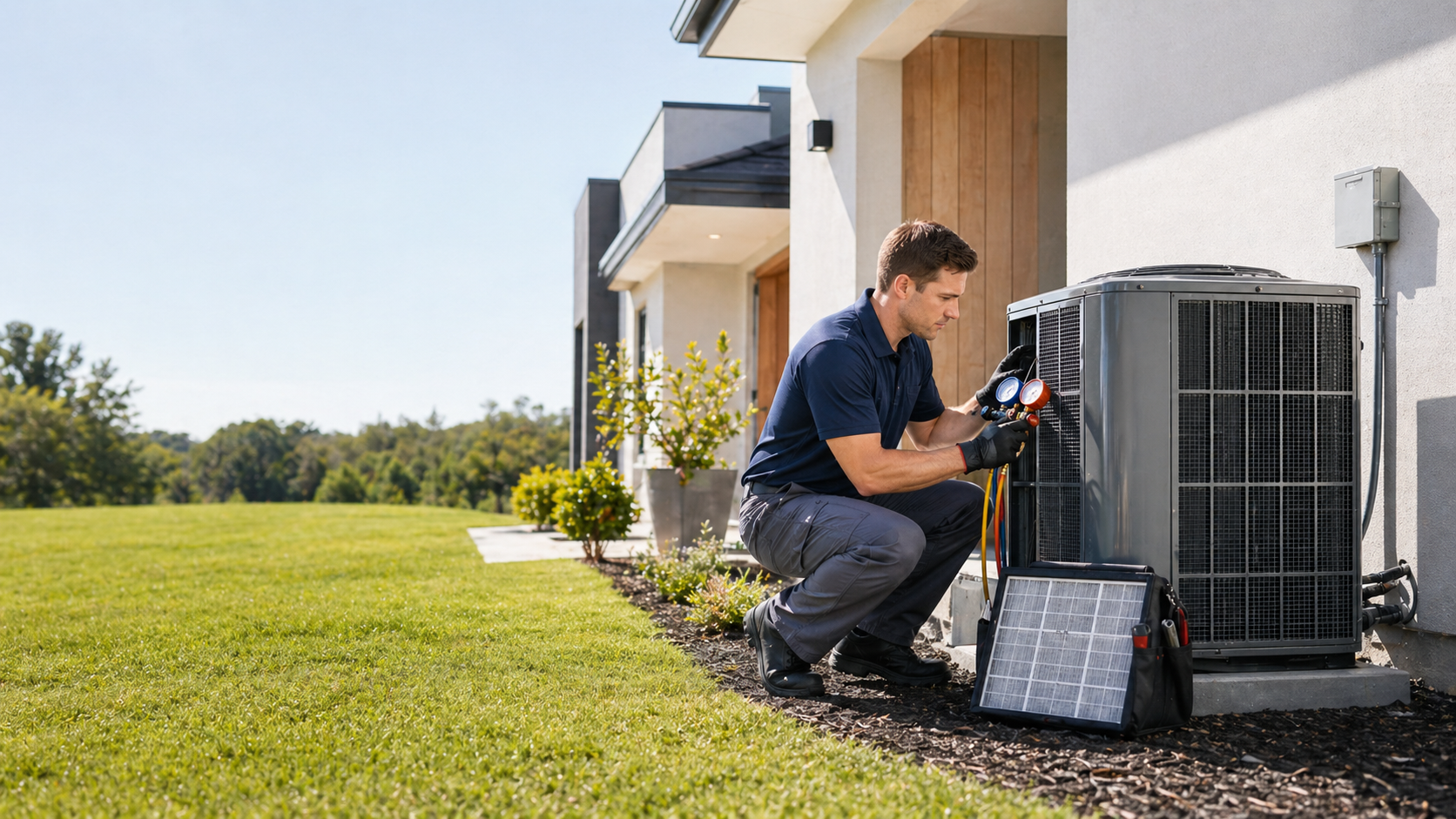 HVAC technician performing maintenance on a residential outdoor unit