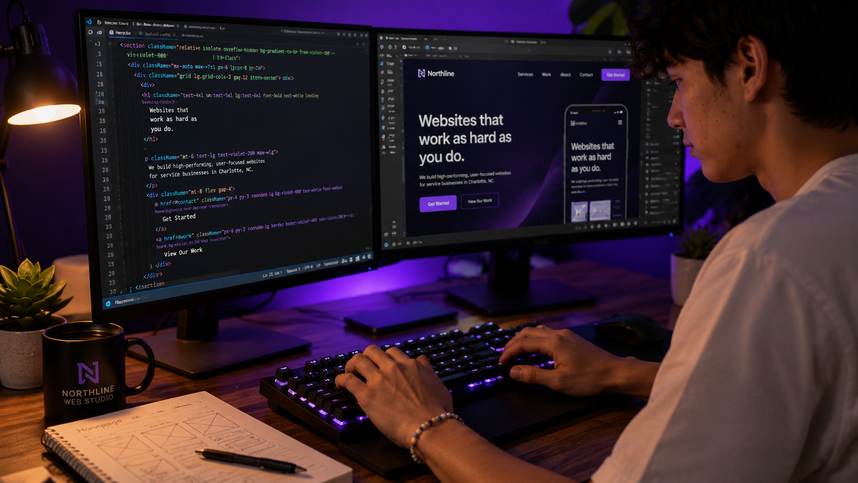 Modern web design studio workspace with monitor and creative setup